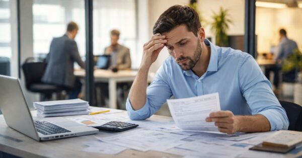 Business owner reviewing paperwork and invoices at a desk with a calculator and laptop, looking stressed in an office setting.