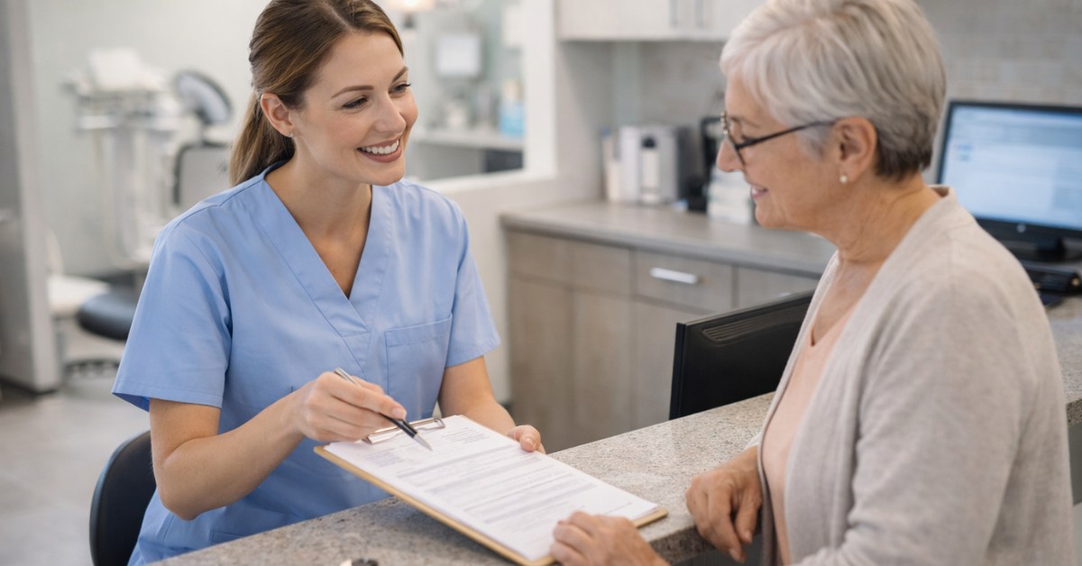 Dental office staff member reviewing paperwork with an older patient at the front desk of a clinic.