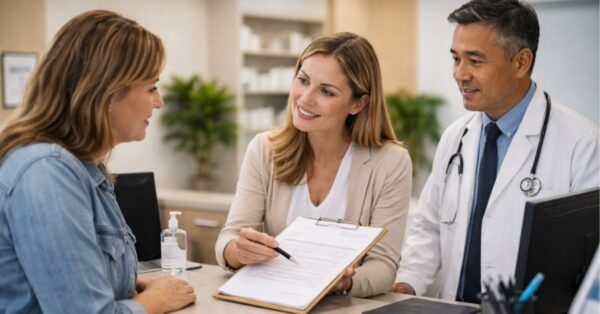 Medical office staff member reviewing paperwork with a patient while a doctor stands nearby in a clinic setting.