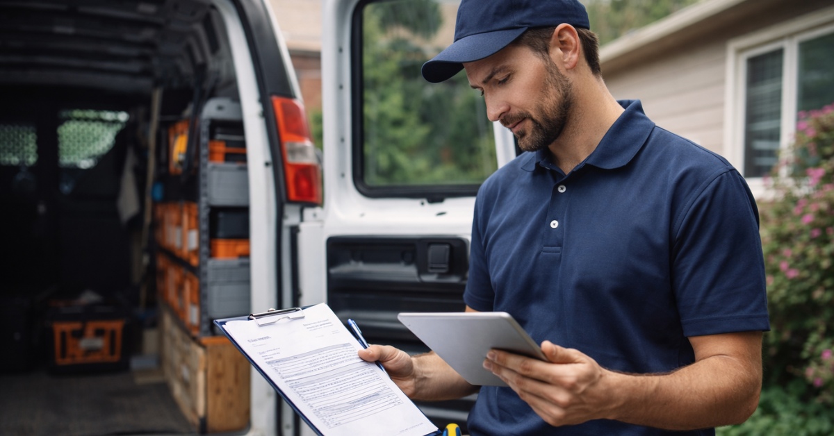 Service technician reviewing a work order on a clipboard and tablet beside a work van at a job site.