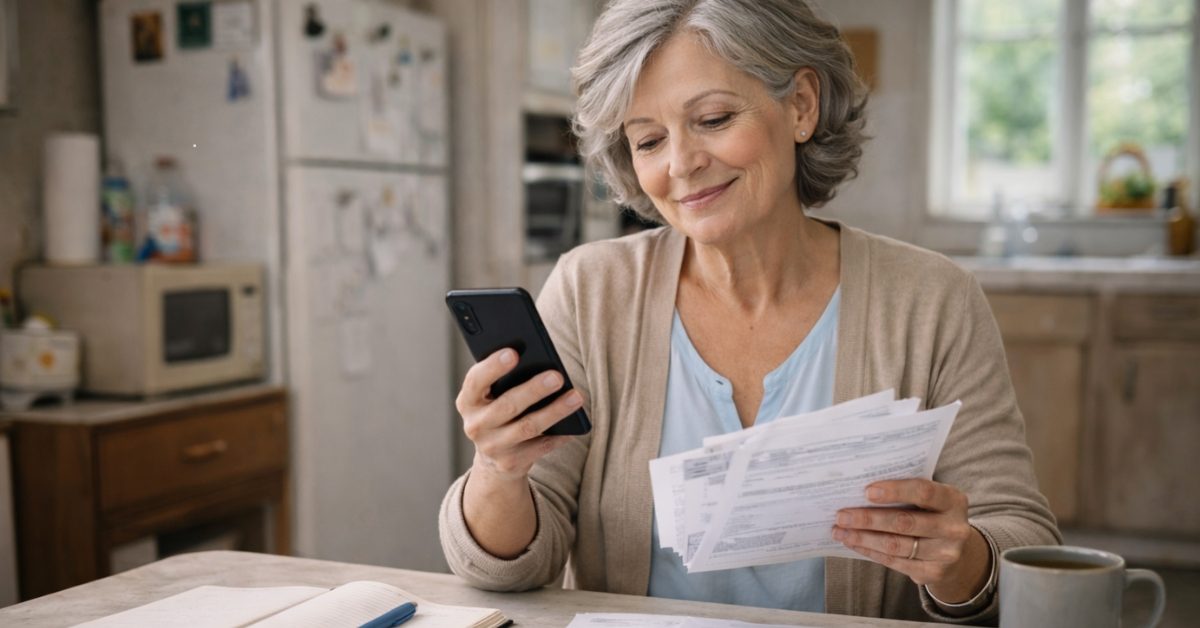 Older woman holding household bills and speaking on her phone at a kitchen table, appearing relieved during a collections-related payment conversation.